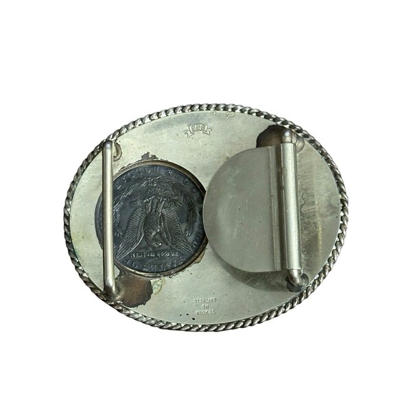 SSS Sterling on Nickel Belt Buckle With 1886 Morgan Silver Dollar Rare Etched - Picture 3 of 8